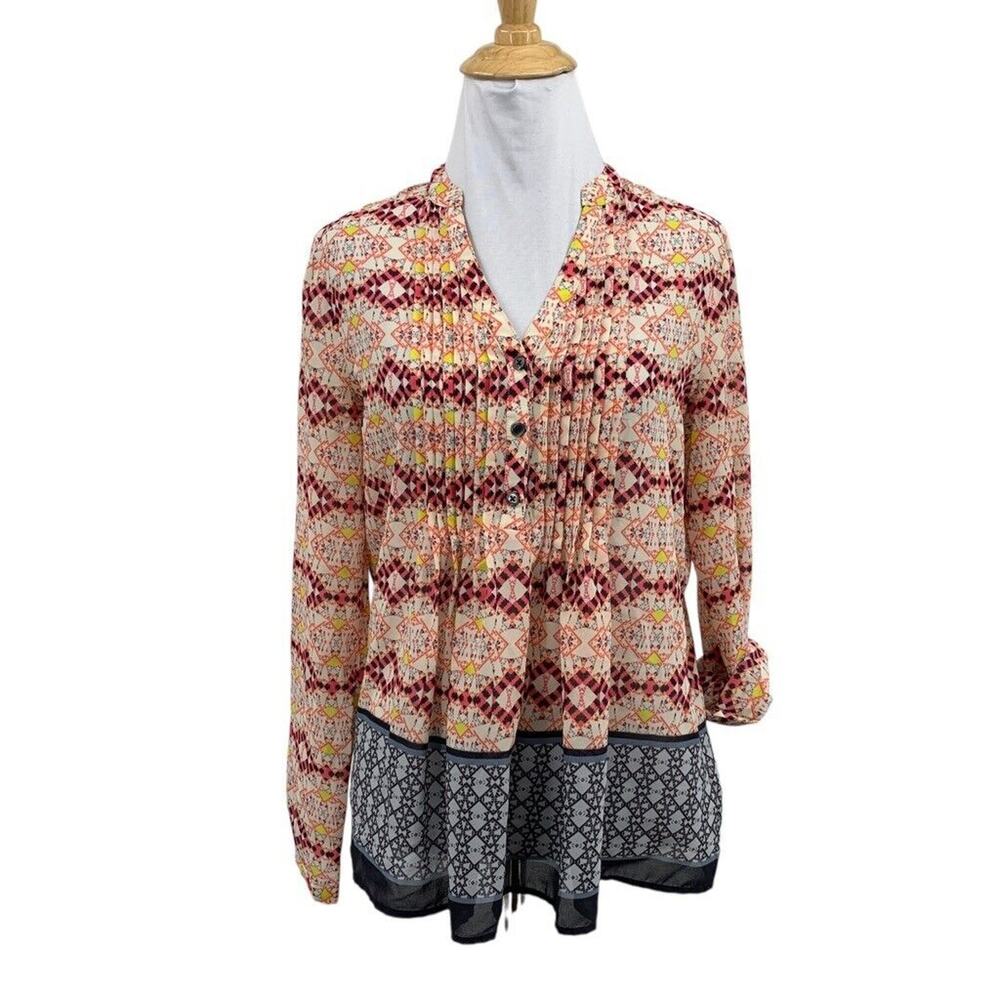 HD in Paris Blouse Womens 0 Multi Kaveri Henley Pintuck Tab Sleeve Anthropologie